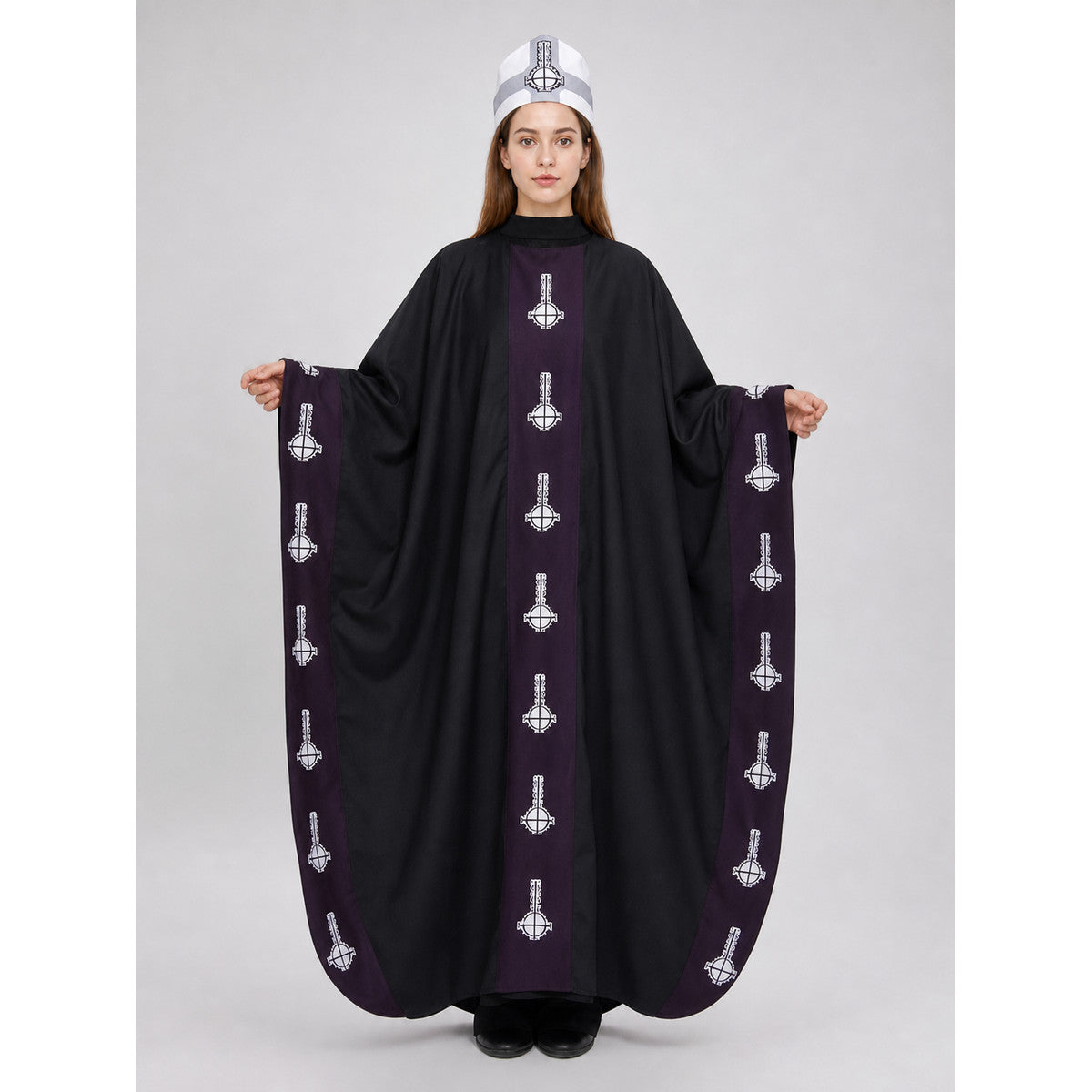 Hooded Cloak with Belt, Black with White Pattern on-model view