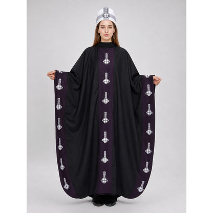 Hooded Cloak with Belt, Black with White Pattern on-model view