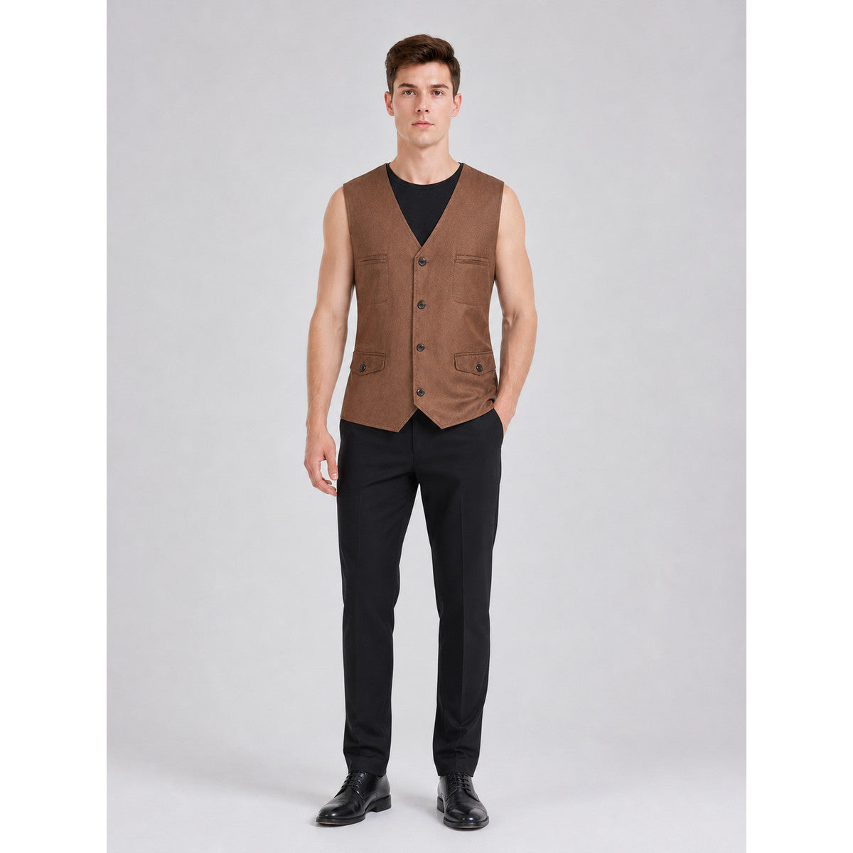 Brown vest with buttons, pockets, and lacing on-model view