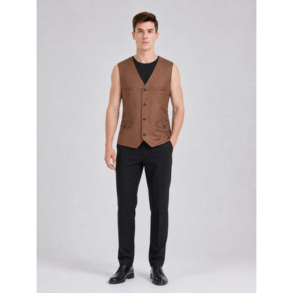Brown vest with buttons, pockets, and lacing on-model view
