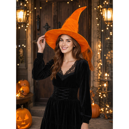Orange Halloween Witch Hat with Very Tall Curved Pointed Crown, Wide Wavy Brim and Attached Sheer Veil for Costume Parties