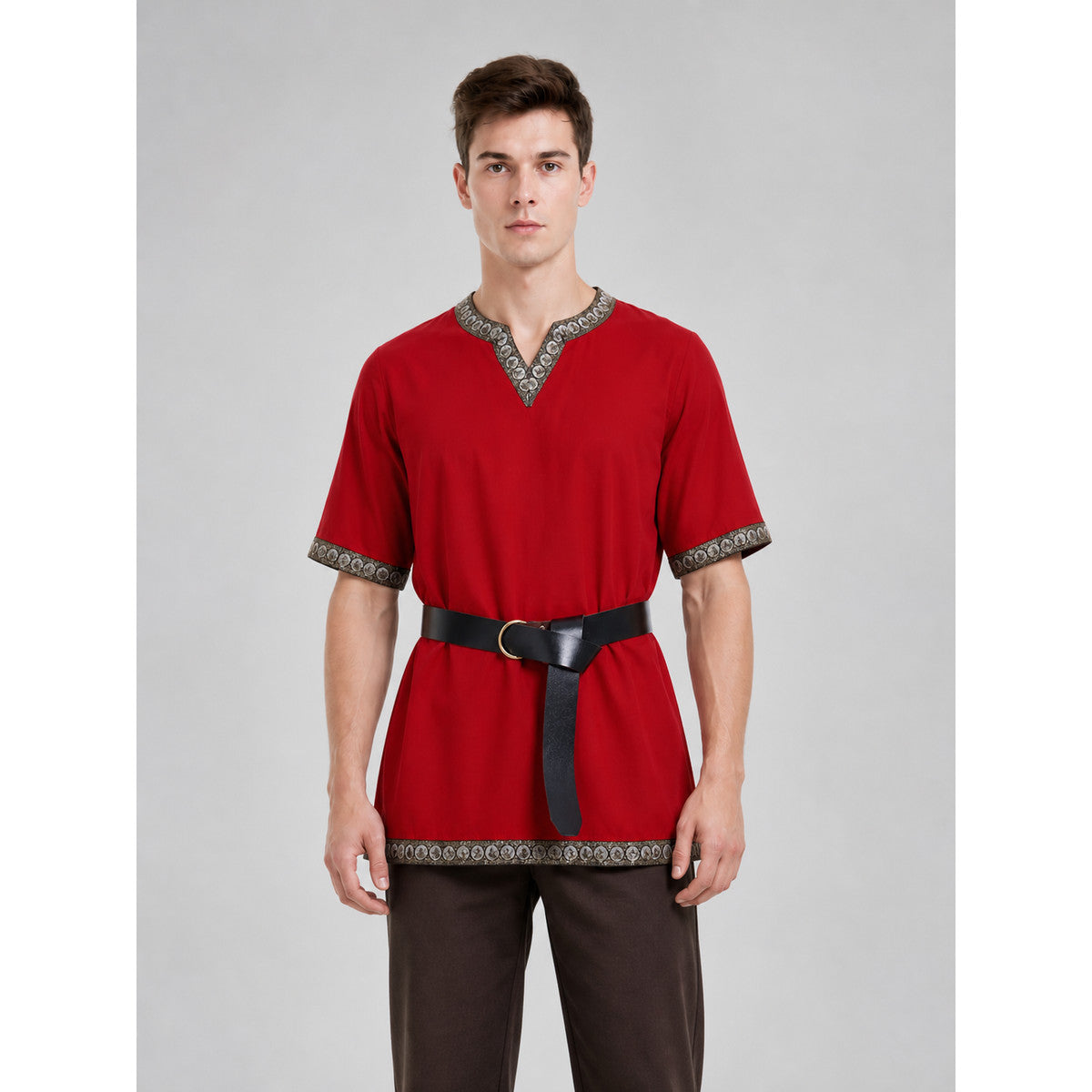 Red Tunic with Belt and Medieval-Style Trim