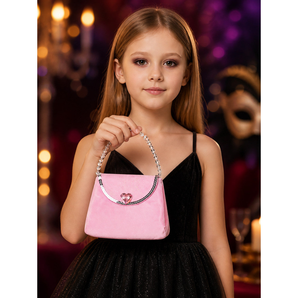 Pink Heart Crystal Sequin Satin Handbag With Curved Silver Handle on-model view