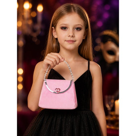 Pink Heart Crystal Sequin Satin Handbag With Curved Silver Handle on-model view