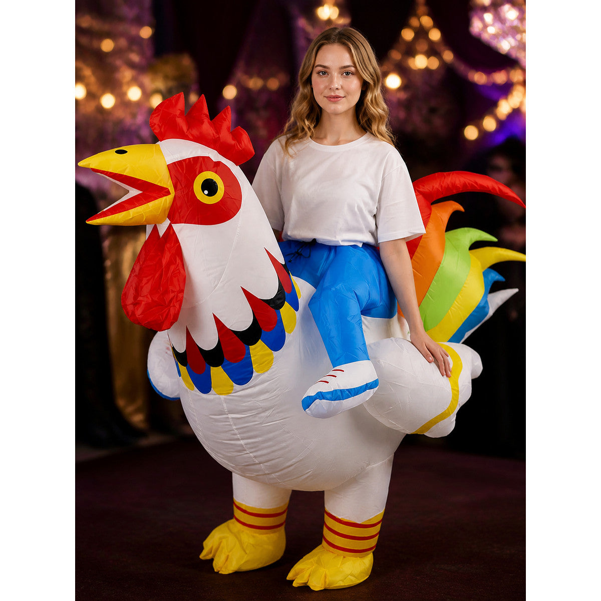 Inflatable Rooster Halloween Costume with Colorful Feathers, Open Beak and on-model view