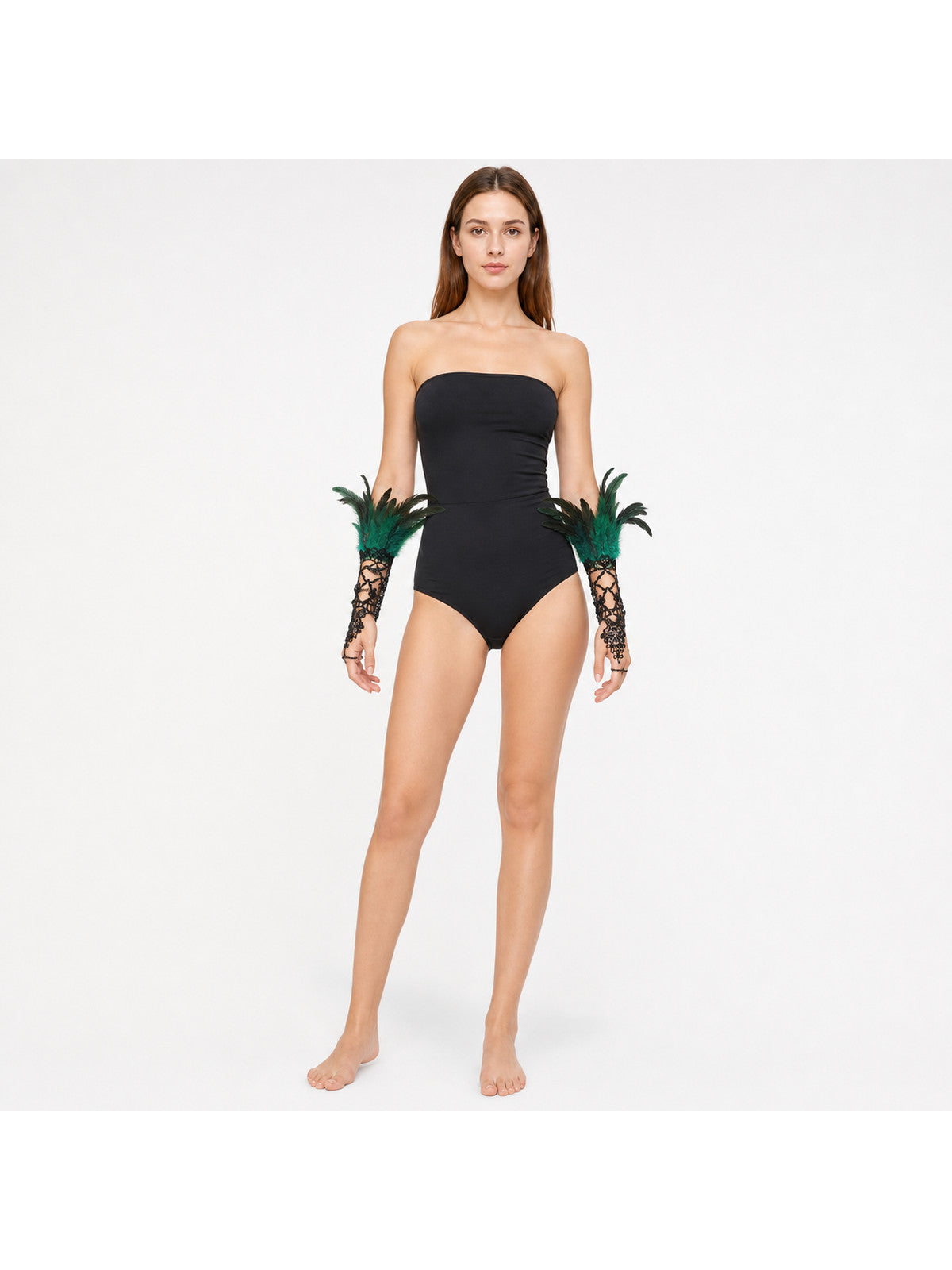 Black lace mesh fingerless gloves with green and black feathers, shown on a full-body model