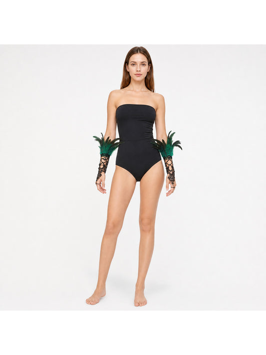 Short Black Lace Mesh Fingerless Gloves Pair with Green and Black Feather Flower