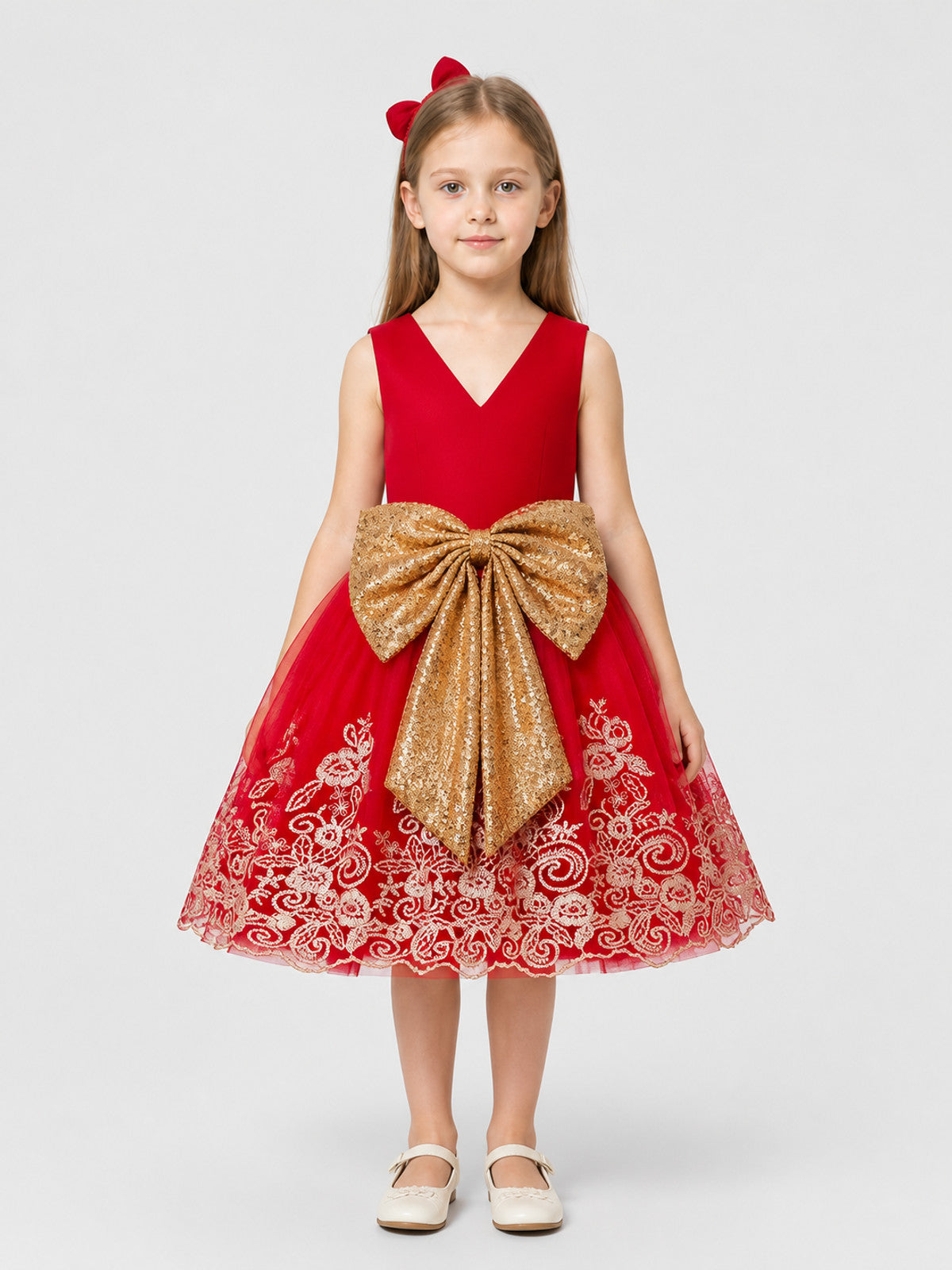 Princess Dress in Red with Gold Embroidery and Bow on-model view