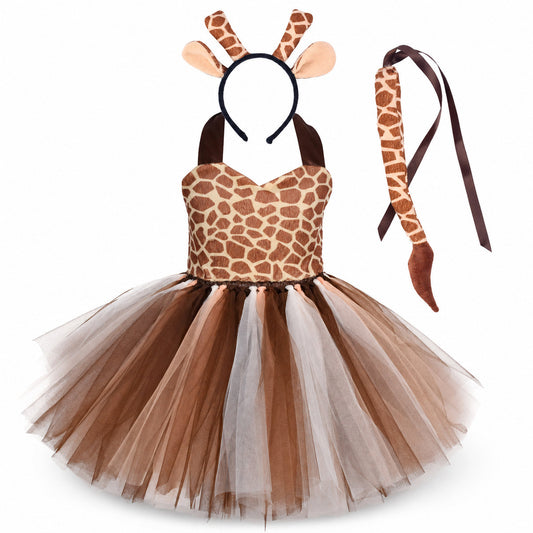 Baby Girls Halloween Animal Cosplay Costume Kids Forest Theme Giraffe Cows Tiger Leopard Zebra Print Tutu Dress Birthday Party - Color:2
