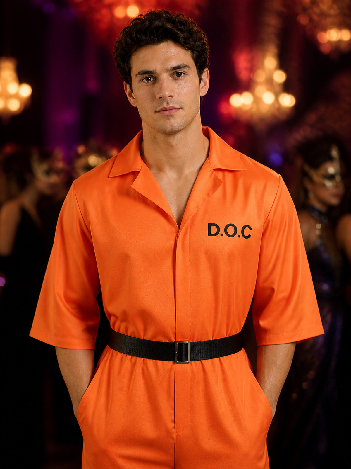 Orange Plus Size Prisoner Jumpsuit Costume, Collared Short-Sleeve Halloween on-model view