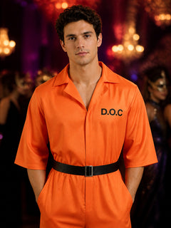Orange Plus Size Prisoner Jumpsuit Costume, Collared Short-Sleeve Halloween