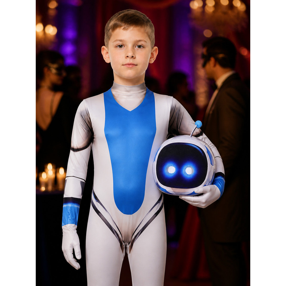 Unisex Space Robot Costume Jumpsuit with Headpiece, Blue White Black Halloween on-model view