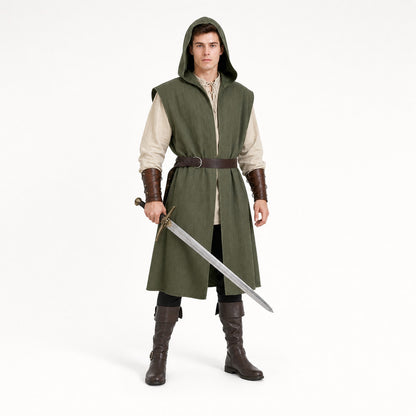 Medieval Fantasy Costume Sleeveless Hooded Long Vest, Open Front Design With Waist Belt For Cosplay And Costume Performances