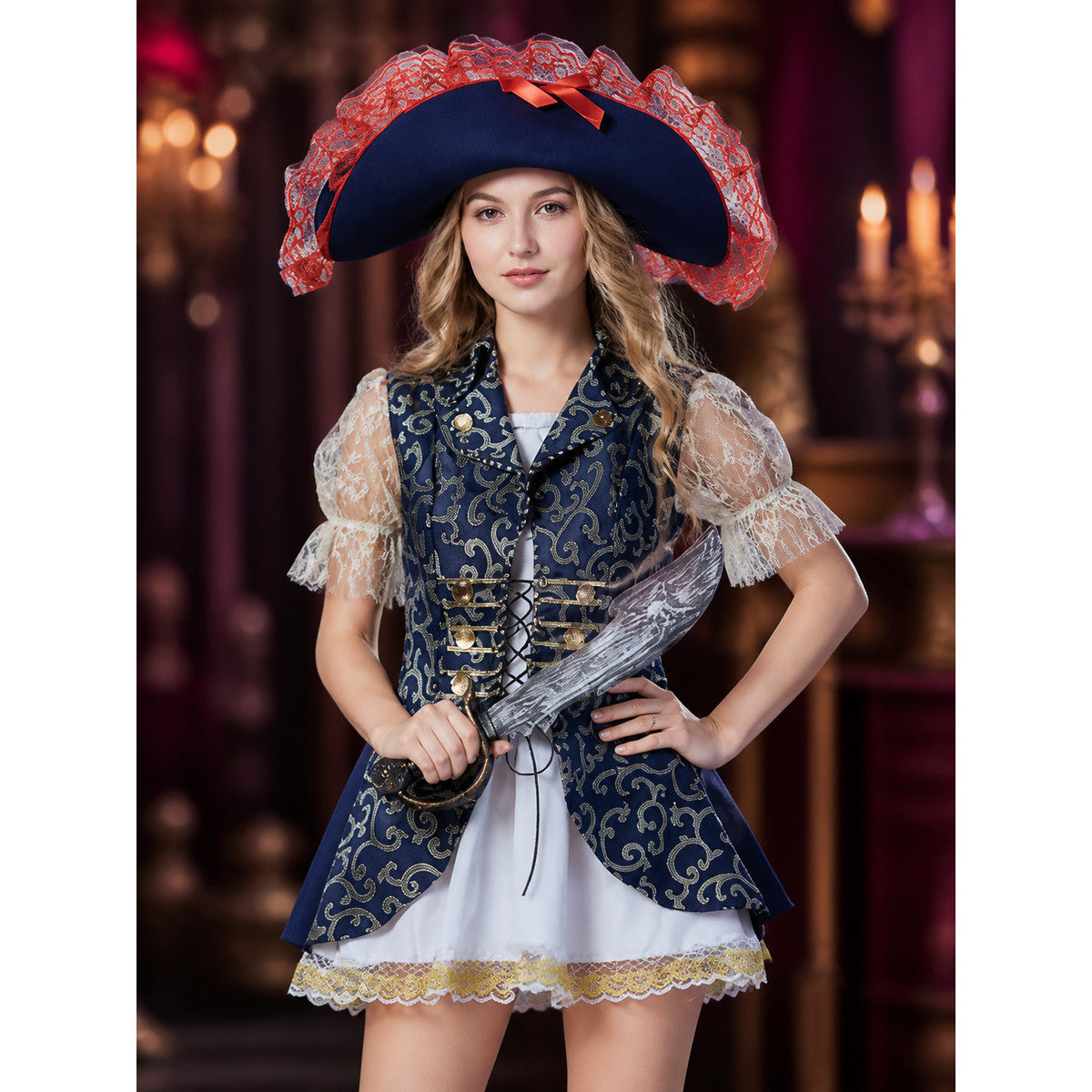 Women's Pirate Captain Costume Set, White Dress with Blue Vest and Gold Trim