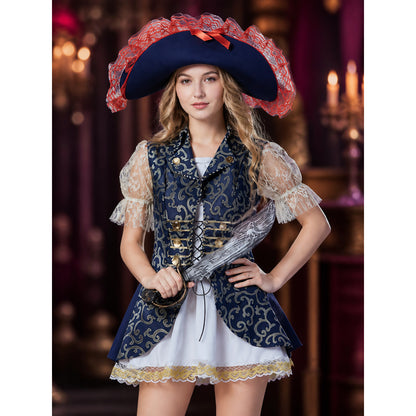 Women's Pirate Captain Costume Set, White Dress with Blue Vest and Gold Trim