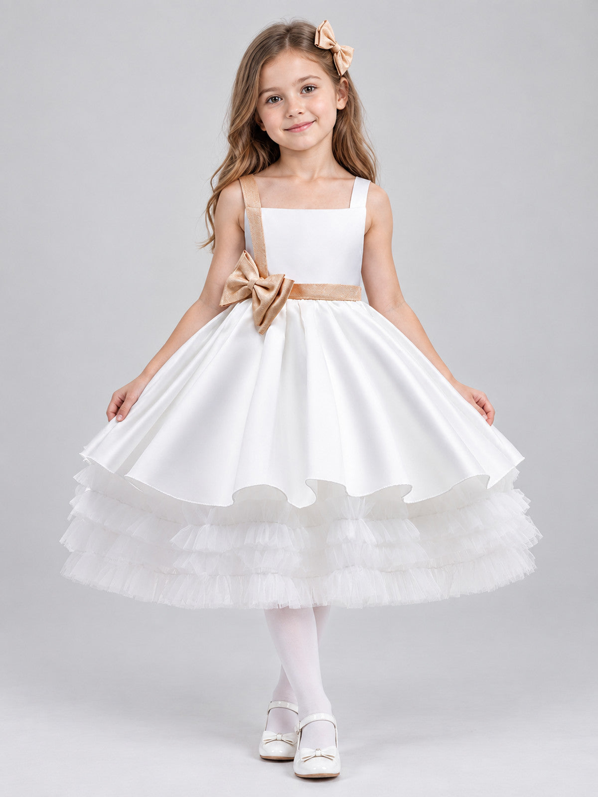 White Girls' Party Dress with Gold Bow