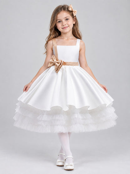 White Girls' Party Dress with Gold Bow