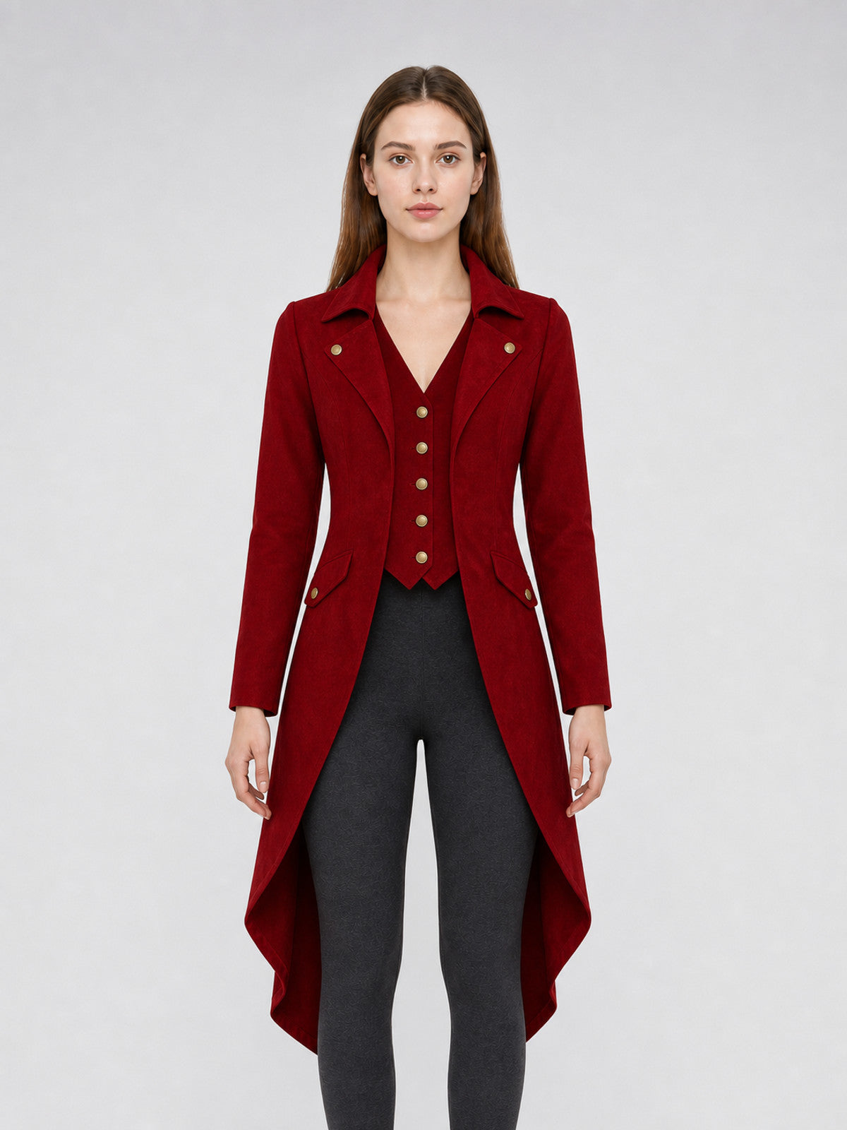 Long Burgundy Tailcoat in Vintage Style front view