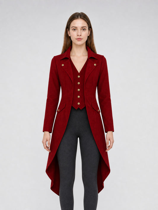 Long Burgundy Tailcoat in Vintage Style front view