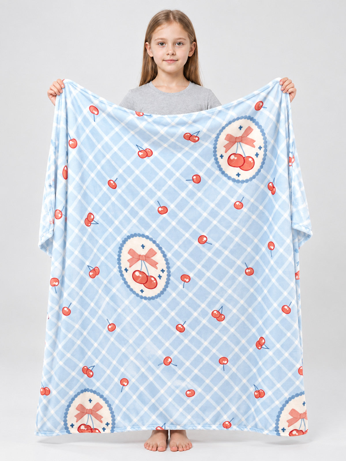 Blue Plaid Polyester Blanket with Cherries and Bows