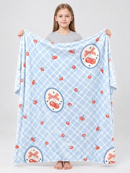 Blue Plaid Polyester Blanket with Cherries and Bows