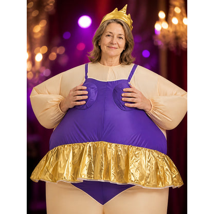 Women's Purple Gold Princess Costume Dress with Crown, Long Sleeve Ball Gown on-model view