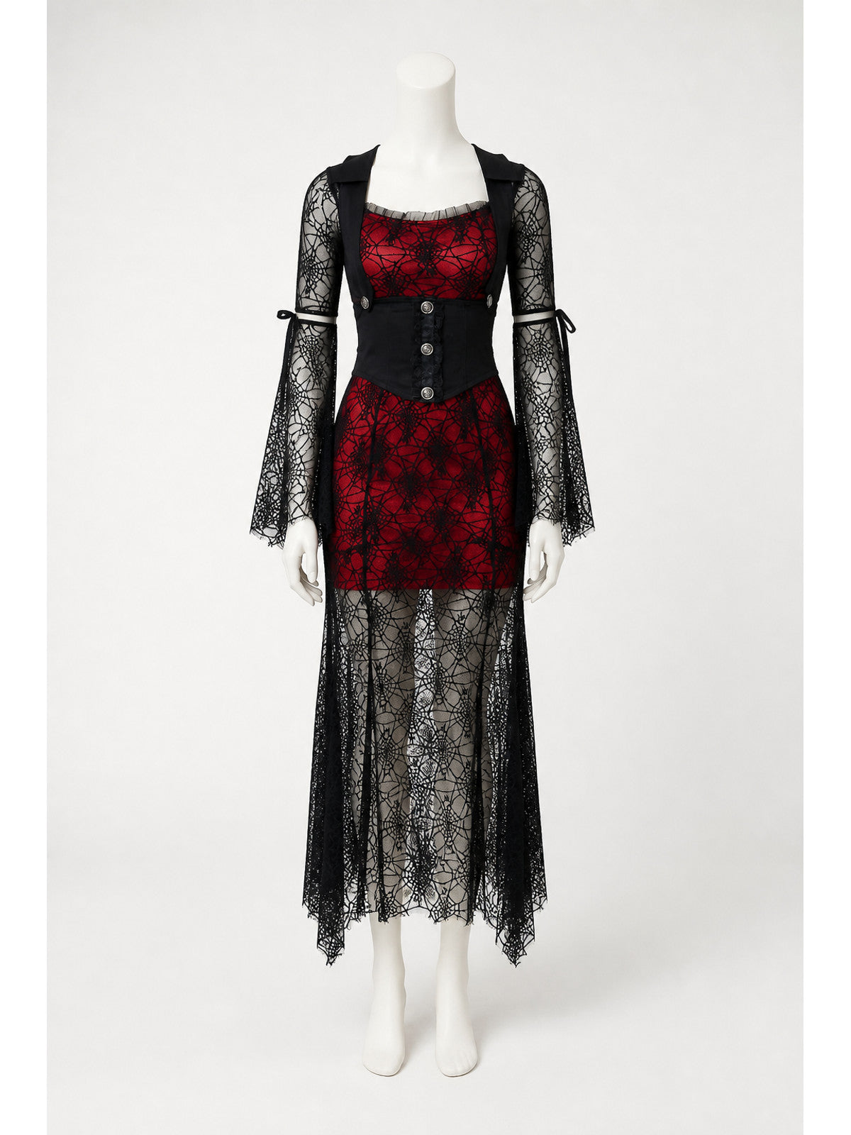 Red and Black Dress with Batwing Sleeves and Spiderweb Pattern main product view