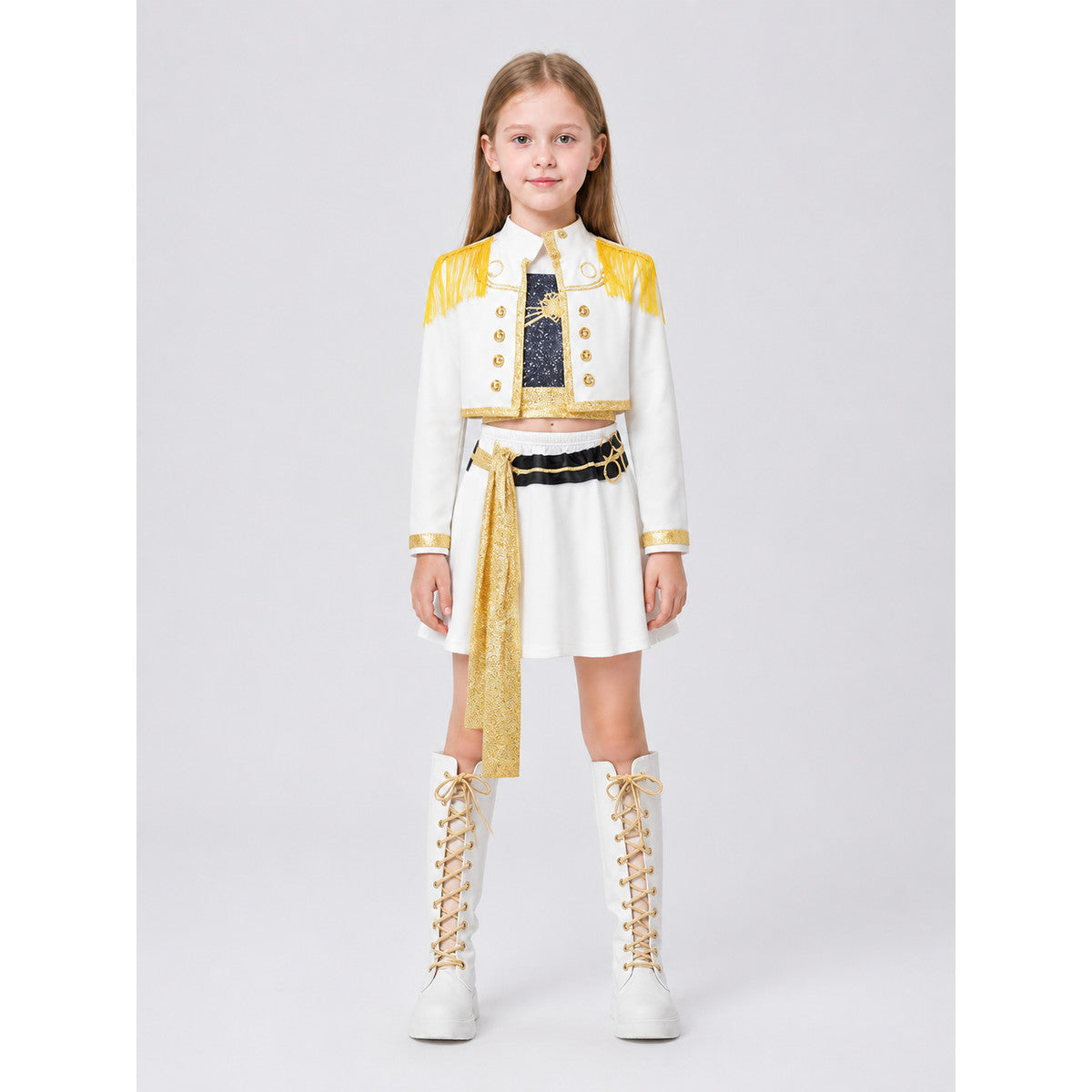 Children’s Stage Costume with Sequins and Fringe on-model view