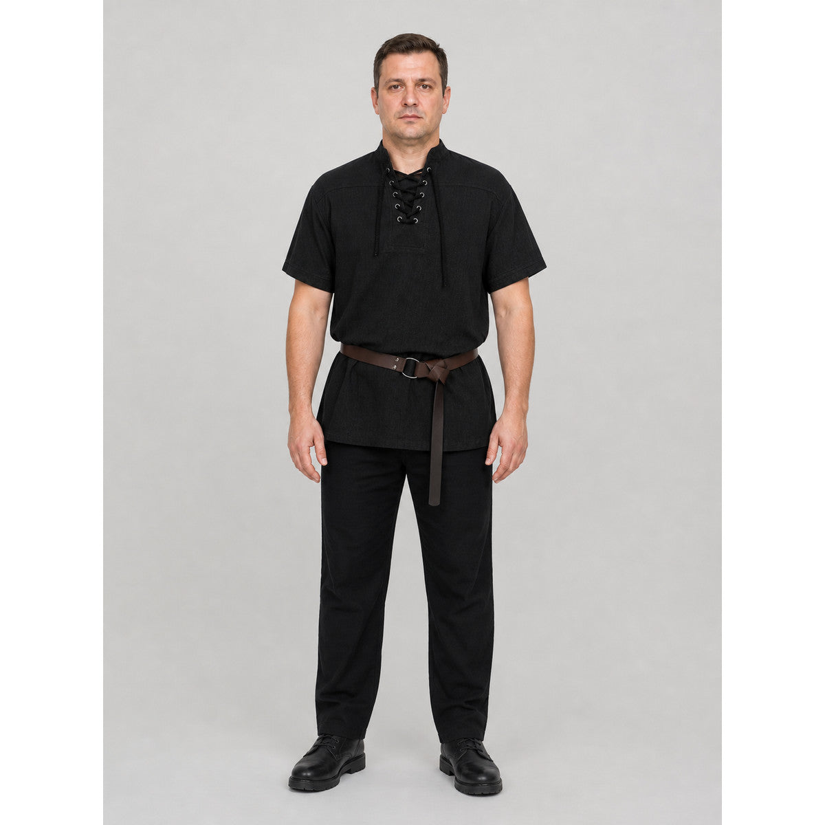 Medieval Lace-Up Blouse with Short Sleeves and Belt on-model view
