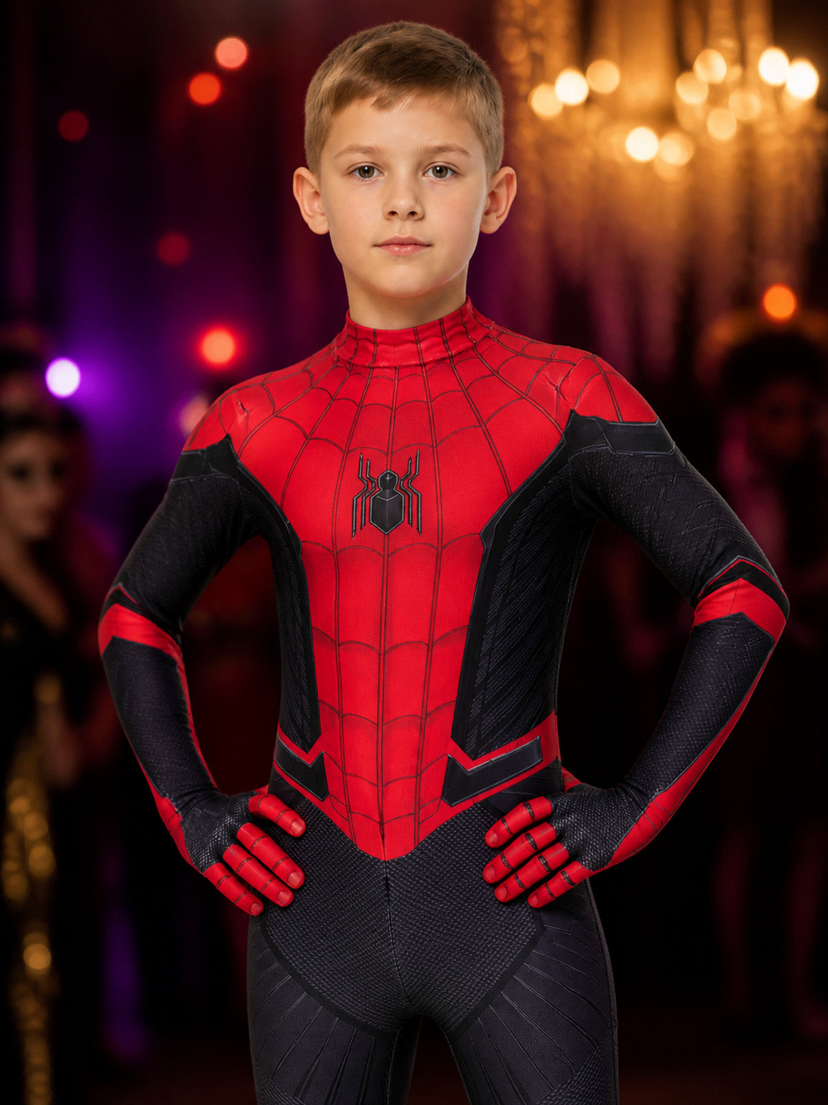 Kids' Red and Black Spider-Man Full-Body Hooded Jumpsuit Costume on-model view