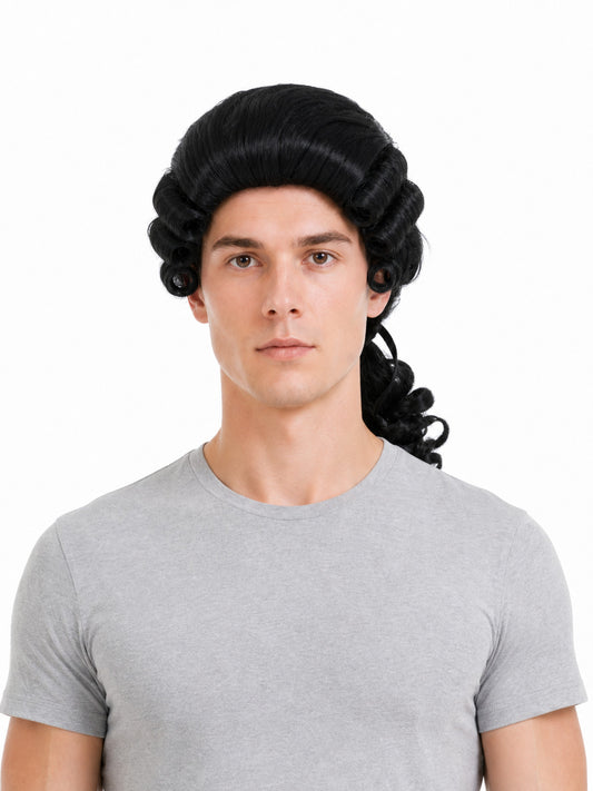 Black costume wig with swept-back styling, curled side sections, and a long curled ponytail, shown on a front-facing model