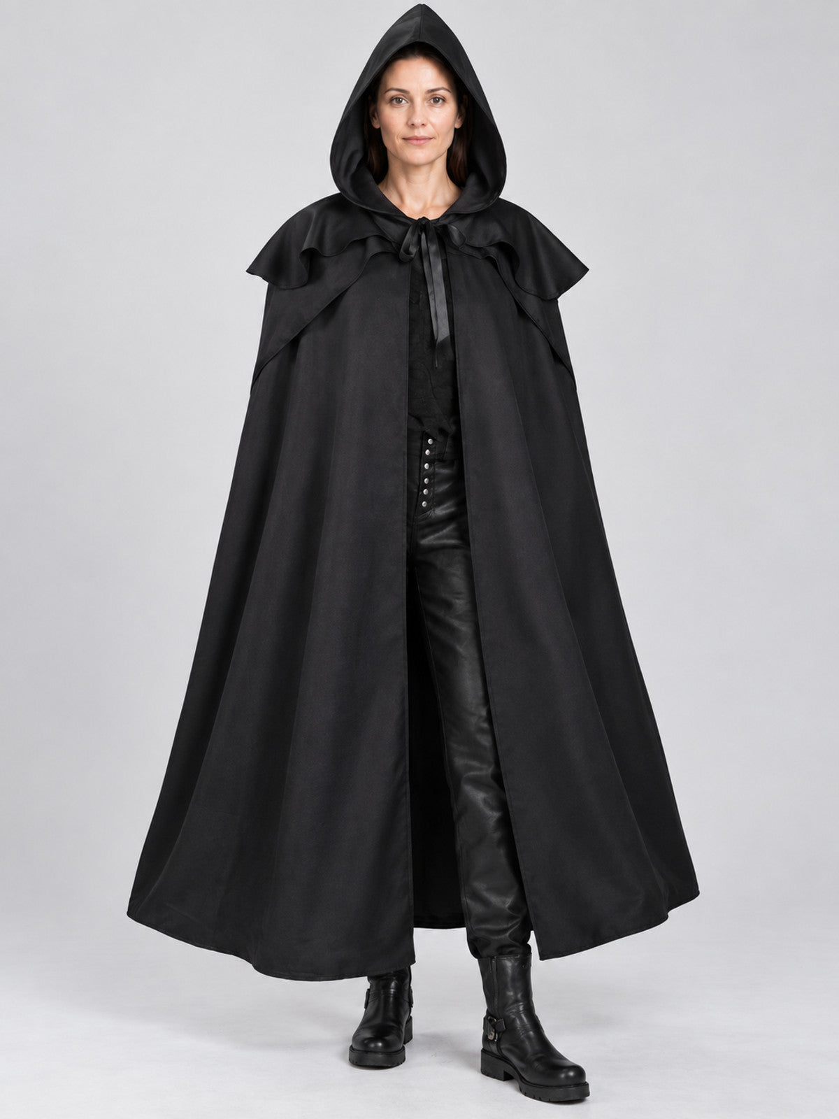 Long Black Hooded Cloak with Capelet