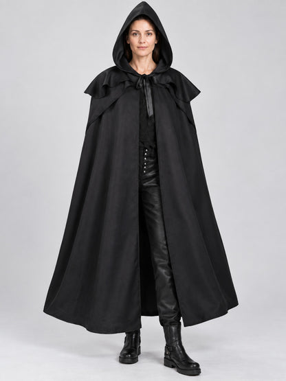 Long Black Hooded Cloak with Capelet