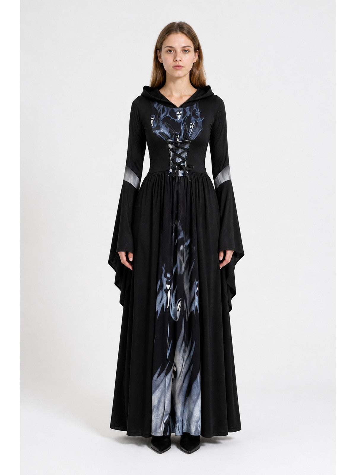 Skull-Print Hooded Dress with Lace-Up Front main product view