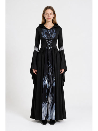 Skull-Print Hooded Dress with Lace-Up Front main product view