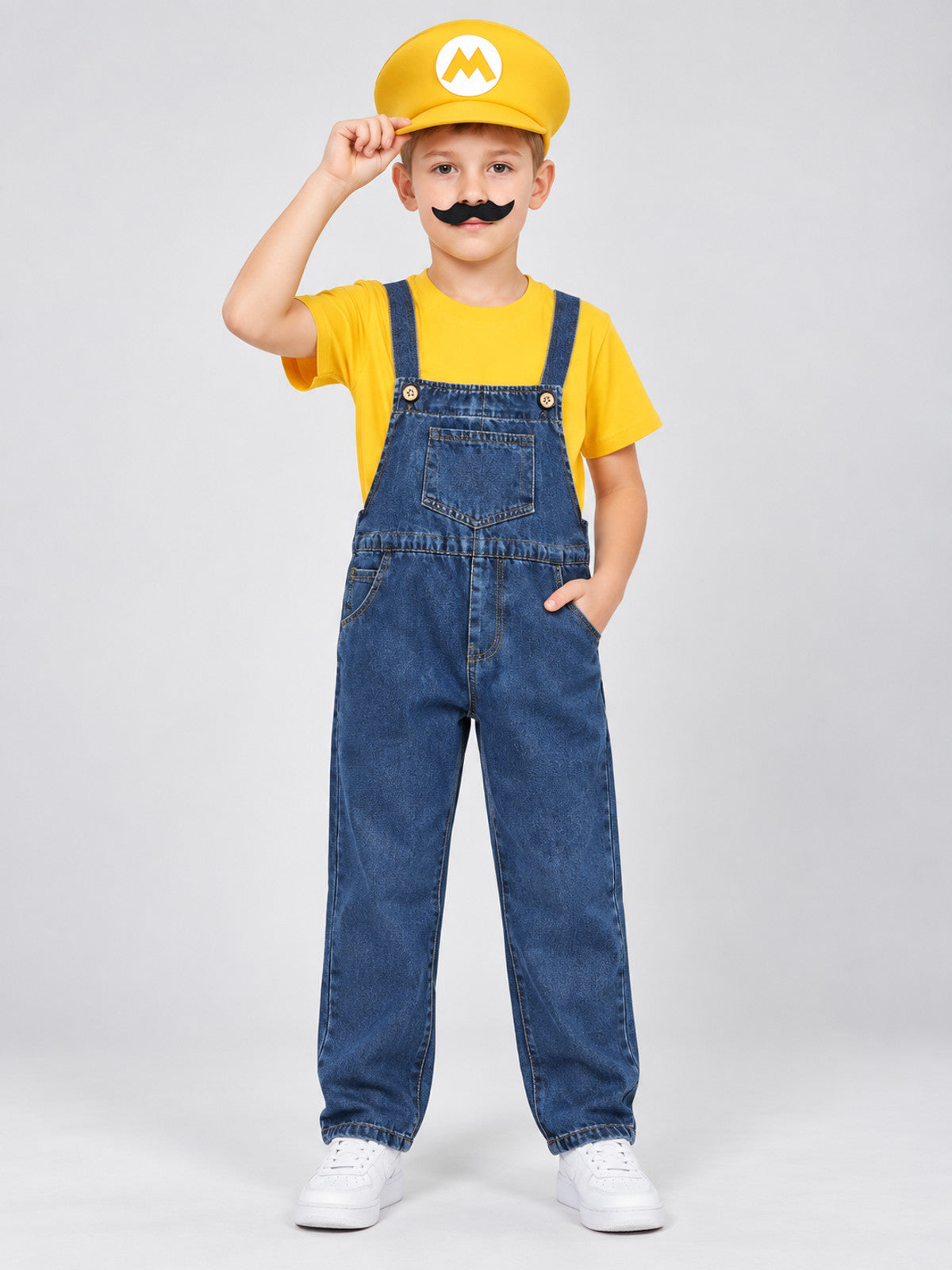 Children's Mario-Style Costume with Denim Overalls on-model view