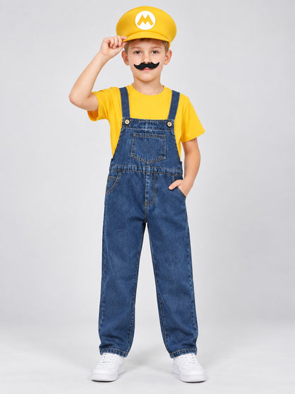 Children's Mario-Style Costume with Denim Overalls on-model view