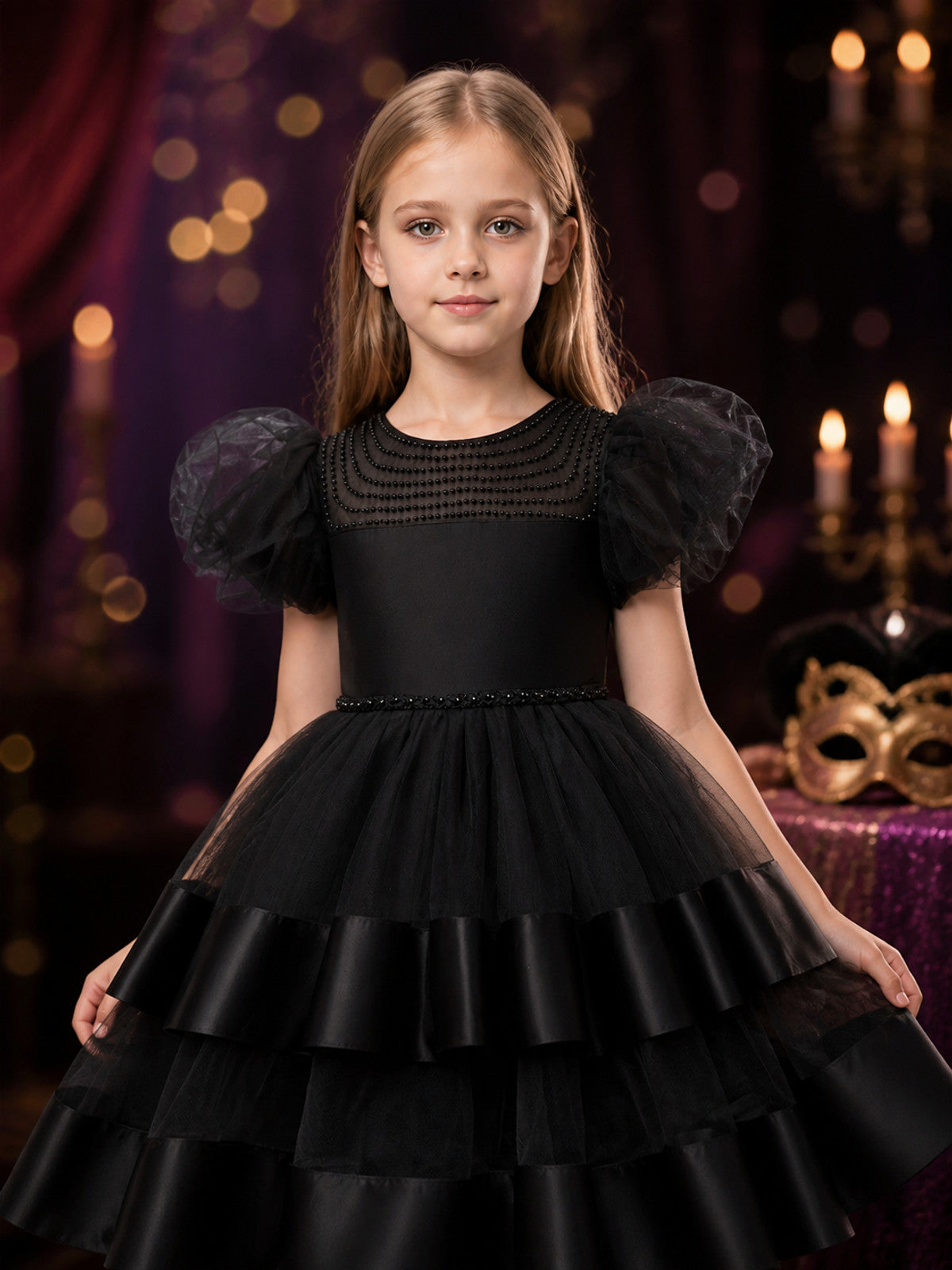 Girls' Black Princess Dress, Beaded Puff Sleeve Layered Formal Gown on-model view