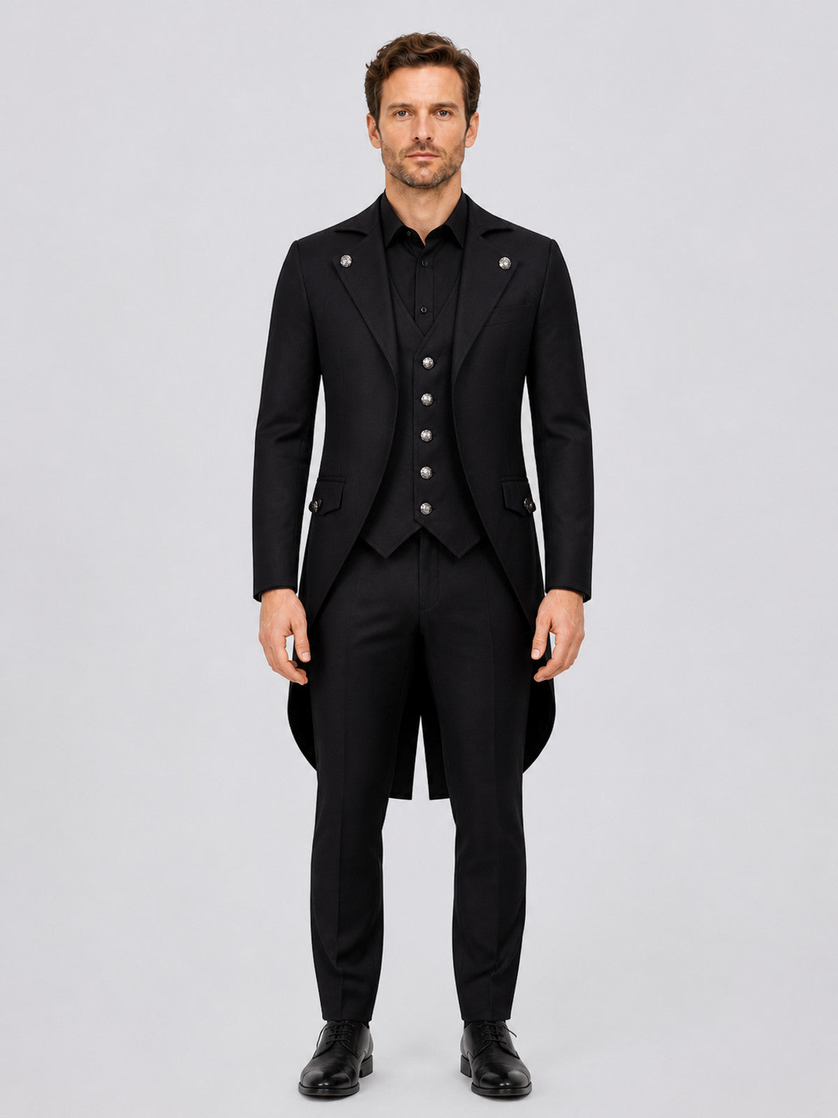 Black Tailcoat for Cosplay and Stage, Sizes S-XXXL on-model view