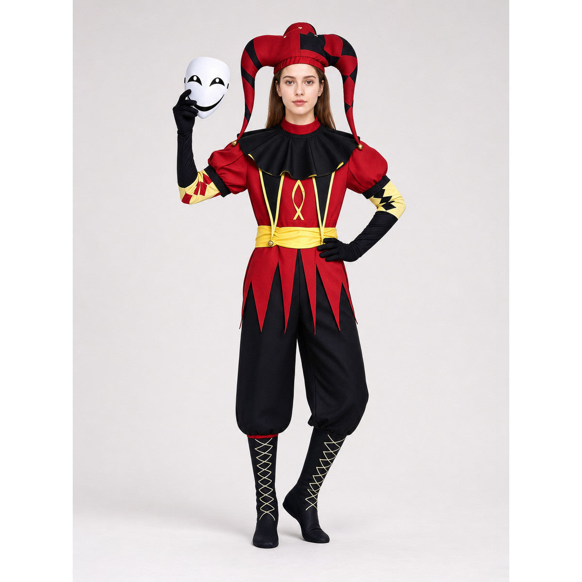 Pierrot Jester Costume for Cosplay with Mask and Accessories