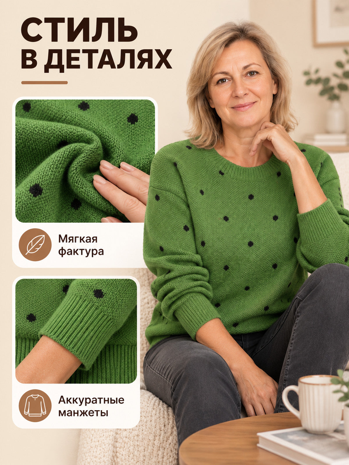 Dark green polka dot sweater, loose fit