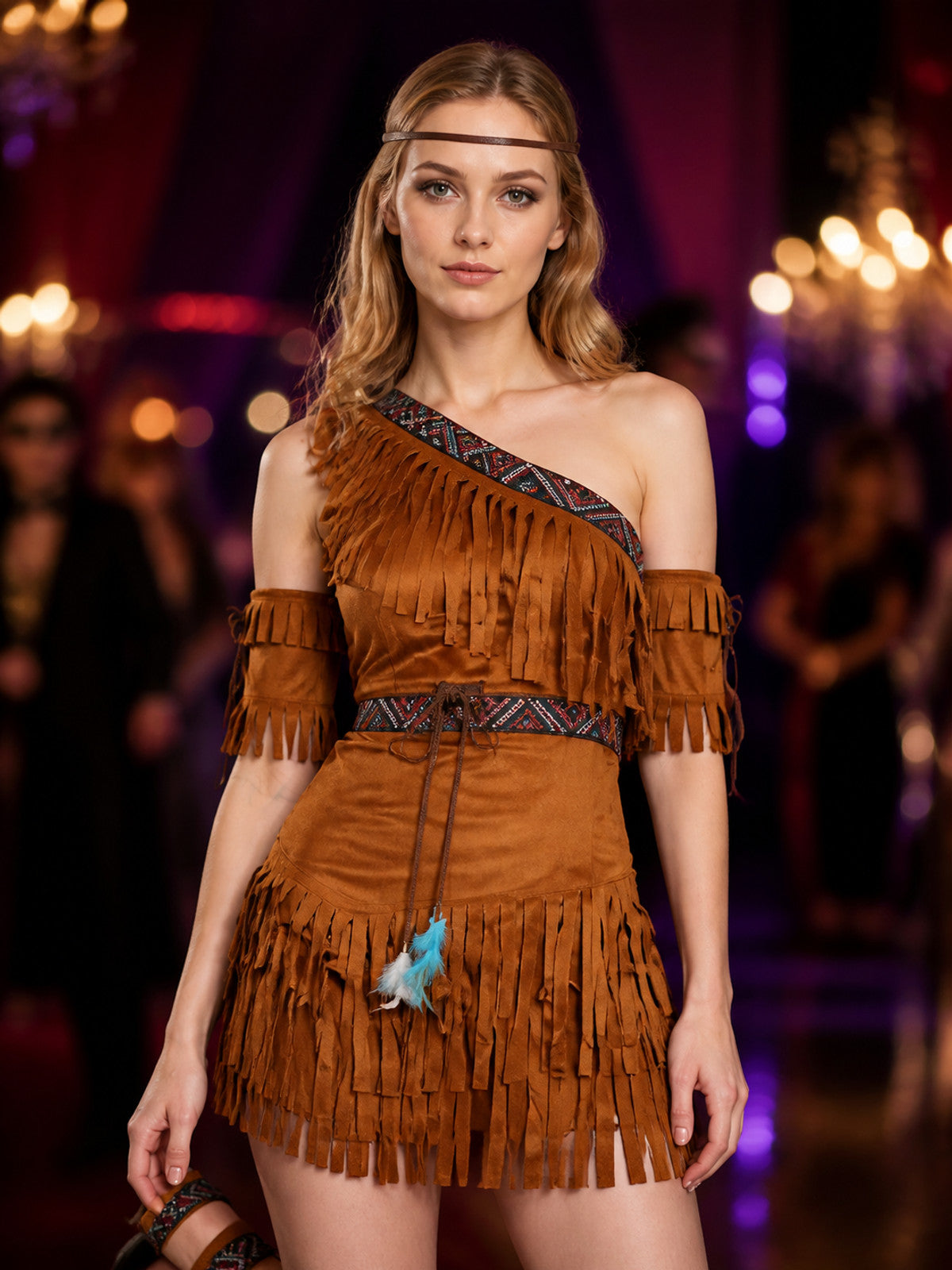 One-Shoulder Fringe Costume Set with Headband, Arm and Leg Bands, Halloween on-model view
