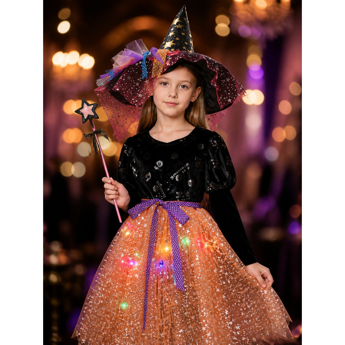 Witch Costume with Hat and Magic Wand on-model view