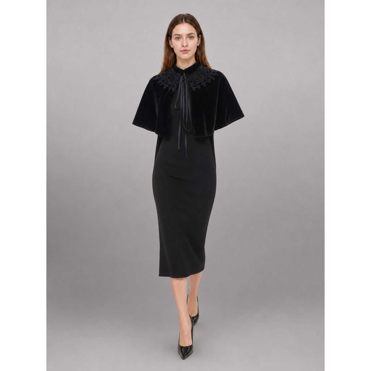 Black costume cape with collar and ties front view