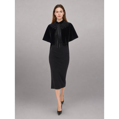Black costume cape with collar and ties front view