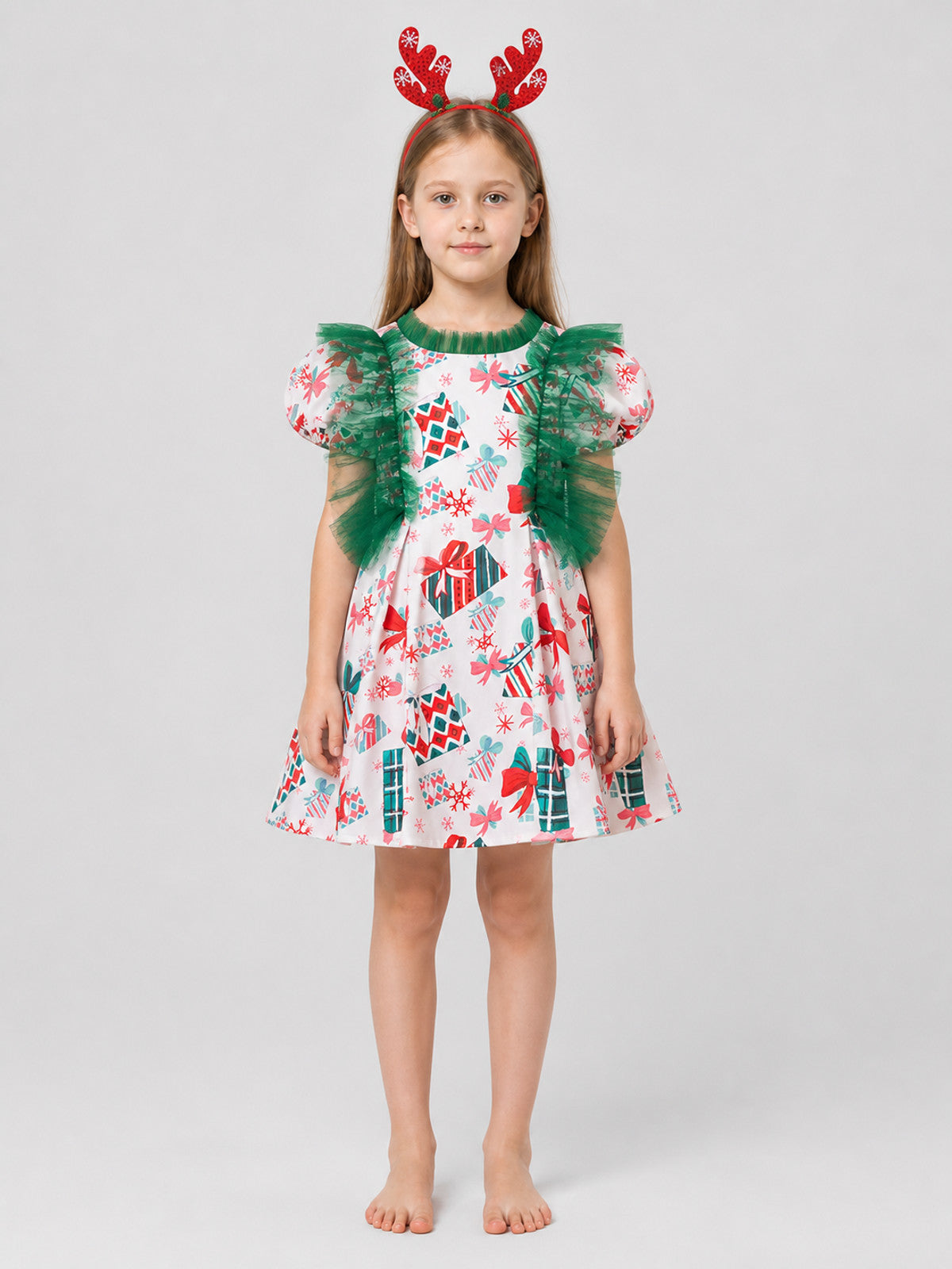 Children's Christmas Dress with Snowflakes and Headband on-model view