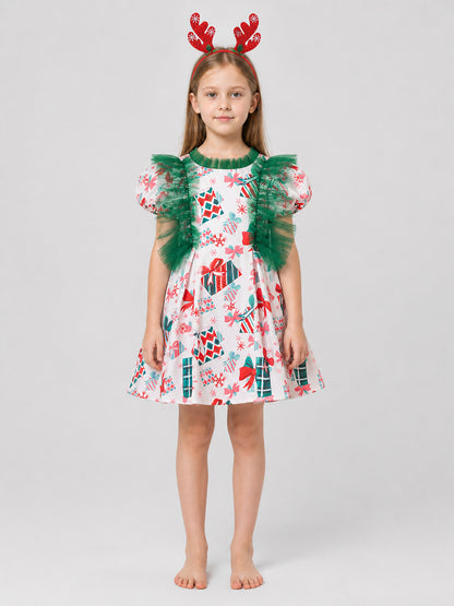 Children's Christmas Dress with Snowflakes and Headband on-model view