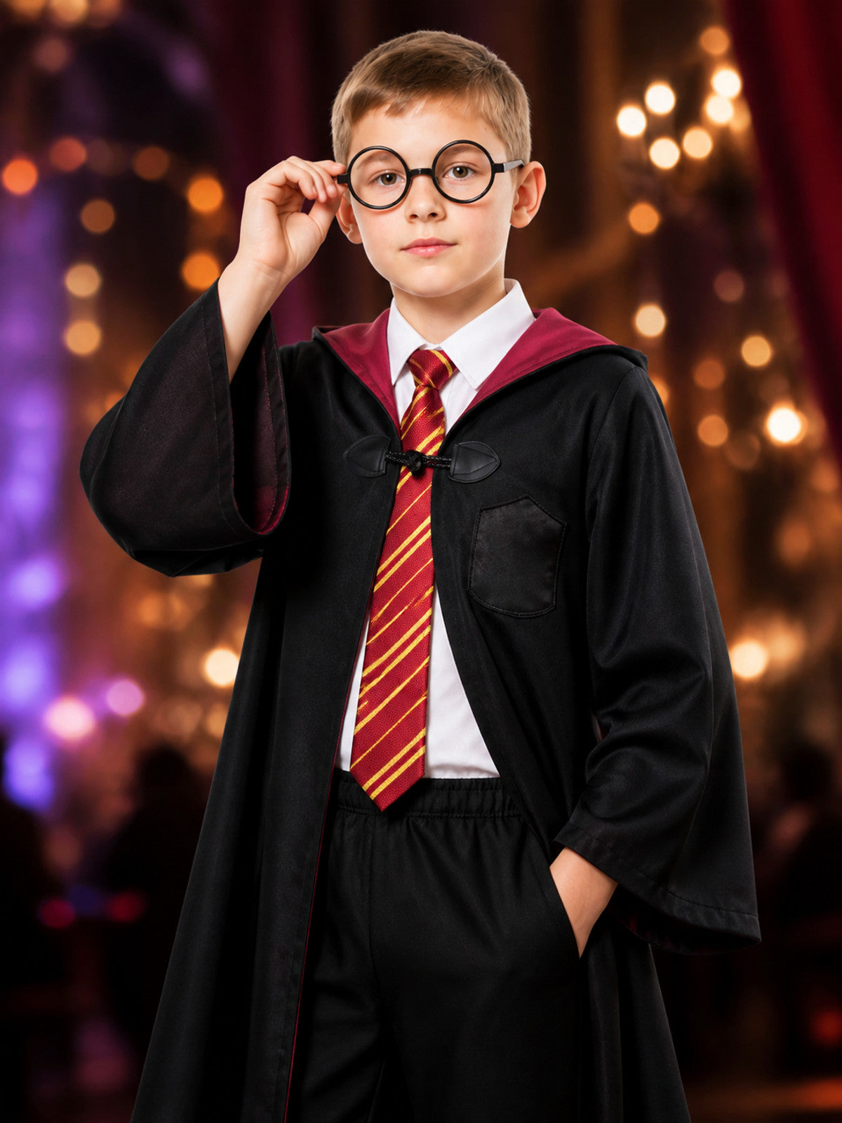 Kids Gryffindor Wizard Costume Set With Hooded Robe, Shirt, Pants, Tie And on-model view