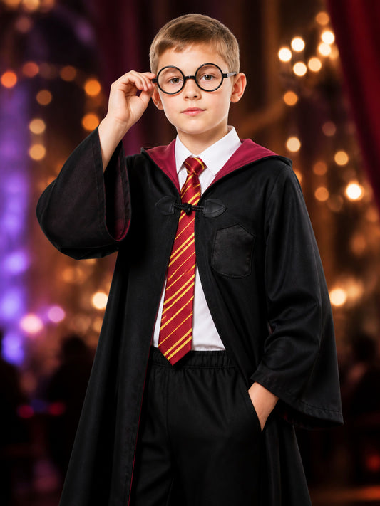 Kids Gryffindor Wizard Costume Set With Hooded Robe, Shirt, Pants, Tie on-model view