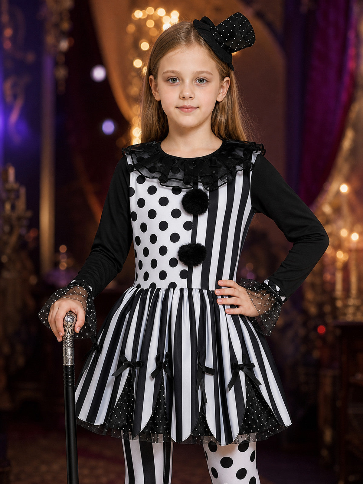 Girls Clown Circus Costume Set - Black & White Tutu Dress, Pants, Headpiece & on-model view
